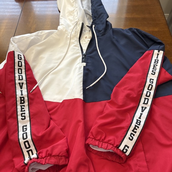 Stella Tweed Tops - Stella Tweed Woman XL Windbreaker Hoodie Top Color Block Red White Blue 3/4 ZIP8